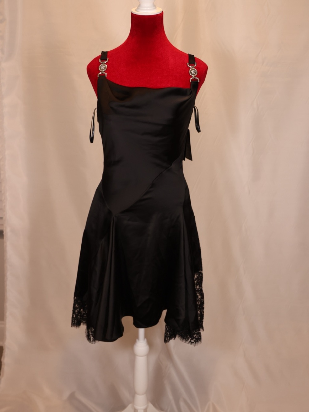 Versace Black Satin Slip Dress with Lace Hem